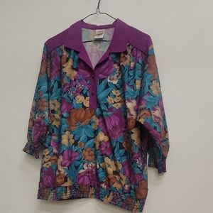 Vintage 80s Floral Ruched Blouson Hem Color Blocked Blouse Large